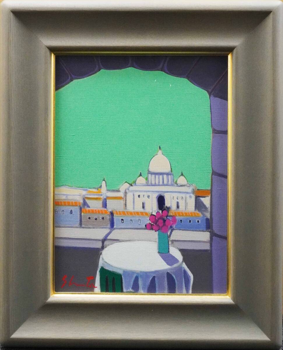 森崎修太「サンタンジェロのキャフェ」 キャンバスに油彩 F4号サイズ 額装 真作保証の画像1