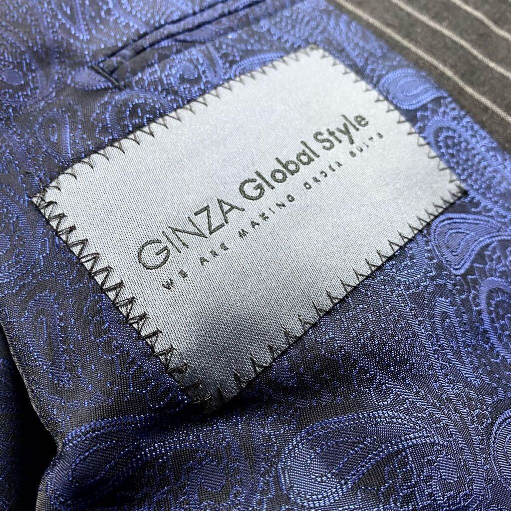圧巻の裏地 【GINZA Global Style】 セットアップスーツ ストライプ パンツ2本 裏地総柄 ダークグレー ブルー S相当 2B ジャケット メンズ の画像4