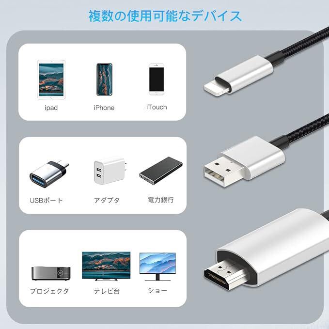 2in1 iPhone HDMI変換ケーブル 2M接続ケーブル iPhone/iPad対応 avアダプタ 1080P大画面 設定不要 日本語説明書（シルバー）の画像5