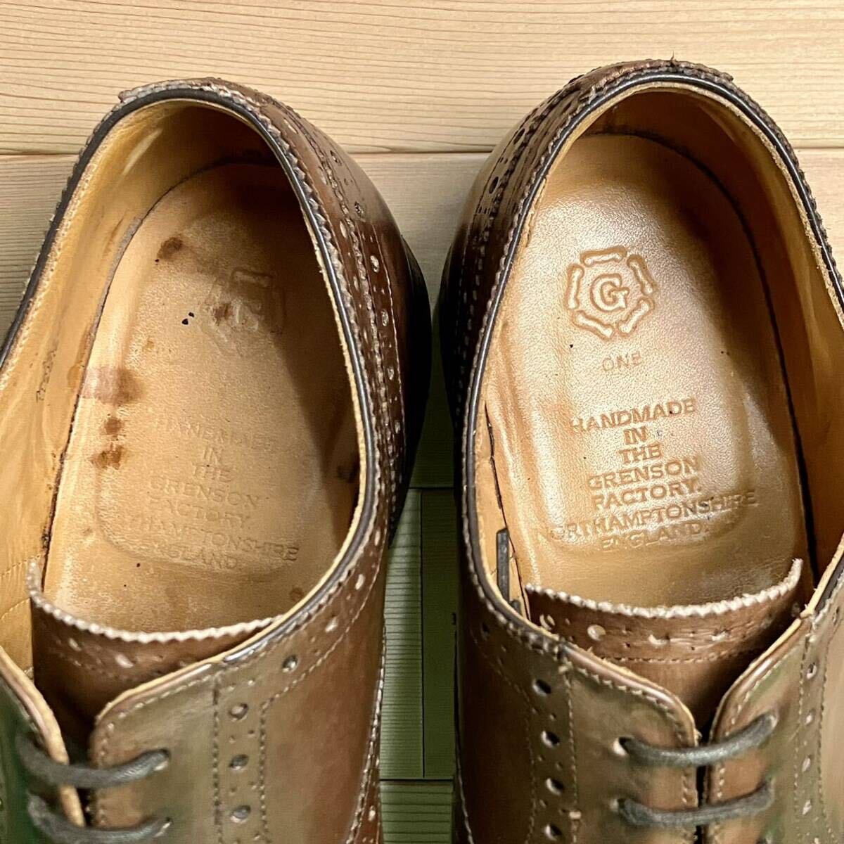 即決 GRENSON 約26.5cm G ONE LINE 内羽 セミブローグ ストレートチップ メダリオン グレンソン レザー ブラウン メンズ ドレス ビジネスの画像6