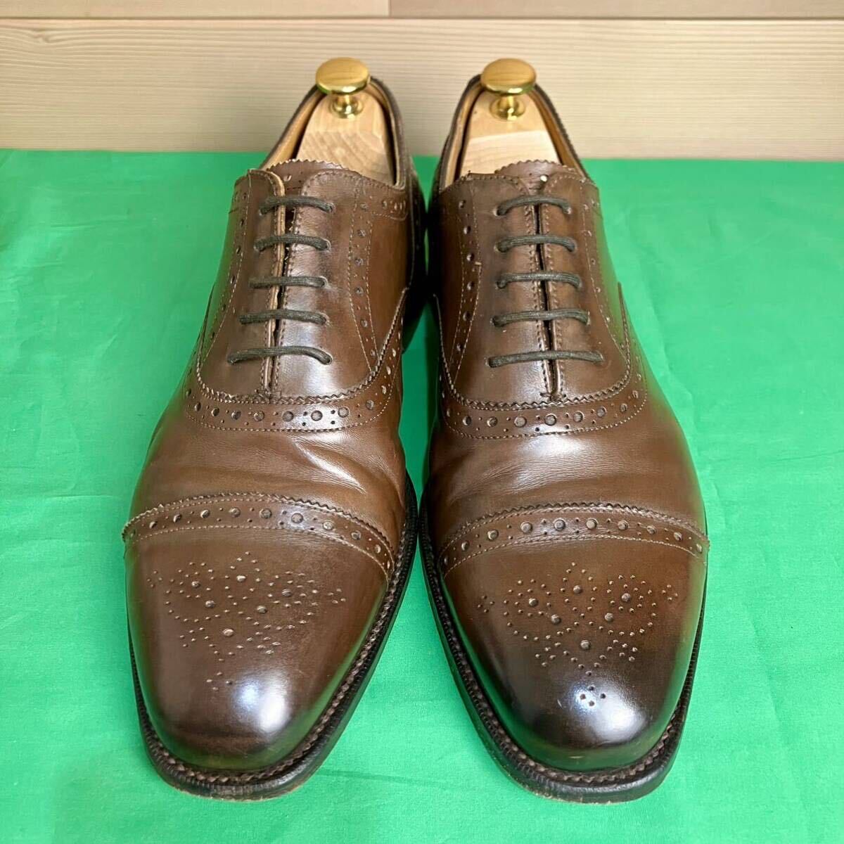 即決 GRENSON 約26.5cm G ONE LINE 内羽 セミブローグ ストレートチップ メダリオン グレンソン レザー ブラウン メンズ ドレス ビジネスの画像2