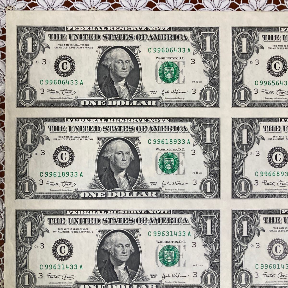 アメリカドル ドル紙幣 外国紙幣 未裁断シート 1ドル札 32枚_画像2