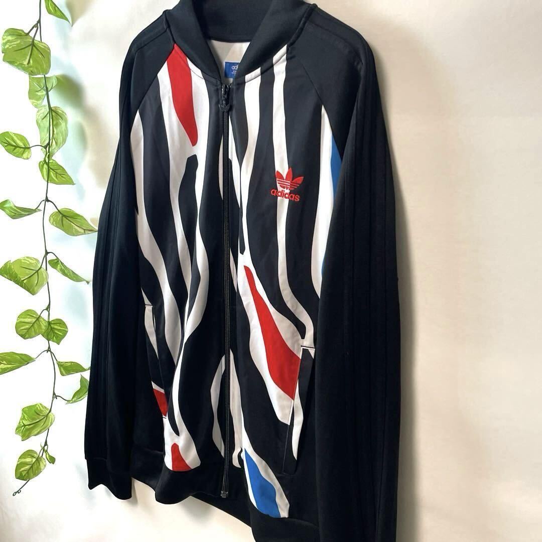 究極レア/5XL/美品/ゼブラ総柄 adidas アディダス トラックジャケットジャージ 総柄 バックロゴ 黒白赤 トレフォイルロゴ メンズ