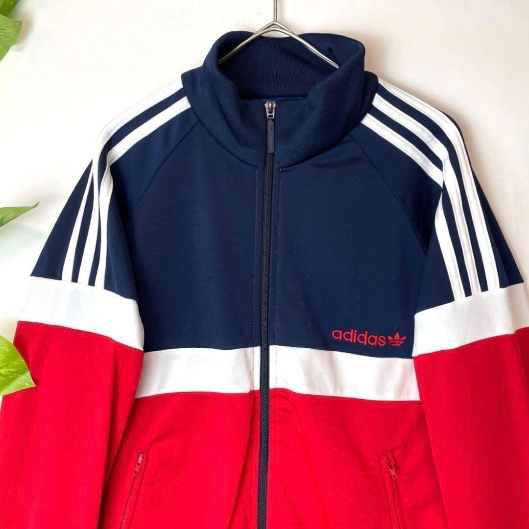 激レア/3XL/美品/70s80sリバイバルモデル/adidas アディダス トラックジャケット ジャージ アウター ブルゾン 紺白赤 メンズ  トレフォイル