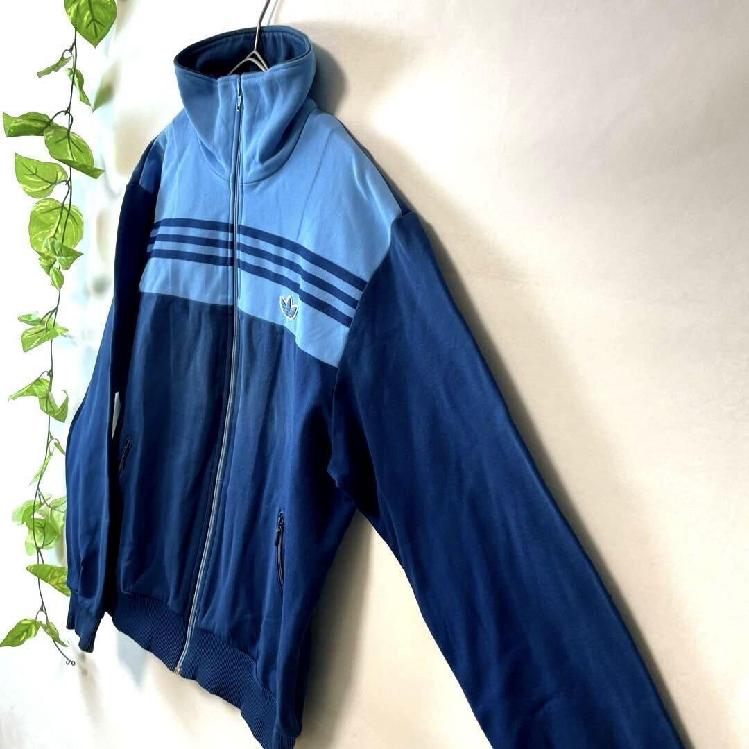 超希少/70s80s/西ドイツデサント製/adidas アディダス トラックジャケット ジャージ ボーダー 紺ネイビー×水色 4号 Lサイズ メンズ