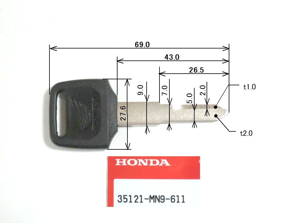 ◆ホンダ純正 35121-MN9-611 キー ,ブランク ☆3/スペアキー/CB750/RC42/CB400FOUR/NC31/NC36/NSR250R/CBR250RR/ホーネット/VTR/VFR/RVF/GBの画像1