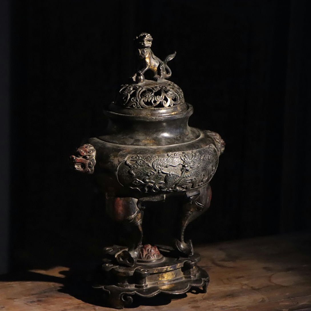 ■観心・時代旧蔵■C2000清時代 銅塗金獣首香薫炉 銅塗金 細密細工★古置物★古賞物★古擺件★蒐集家放出★唐物