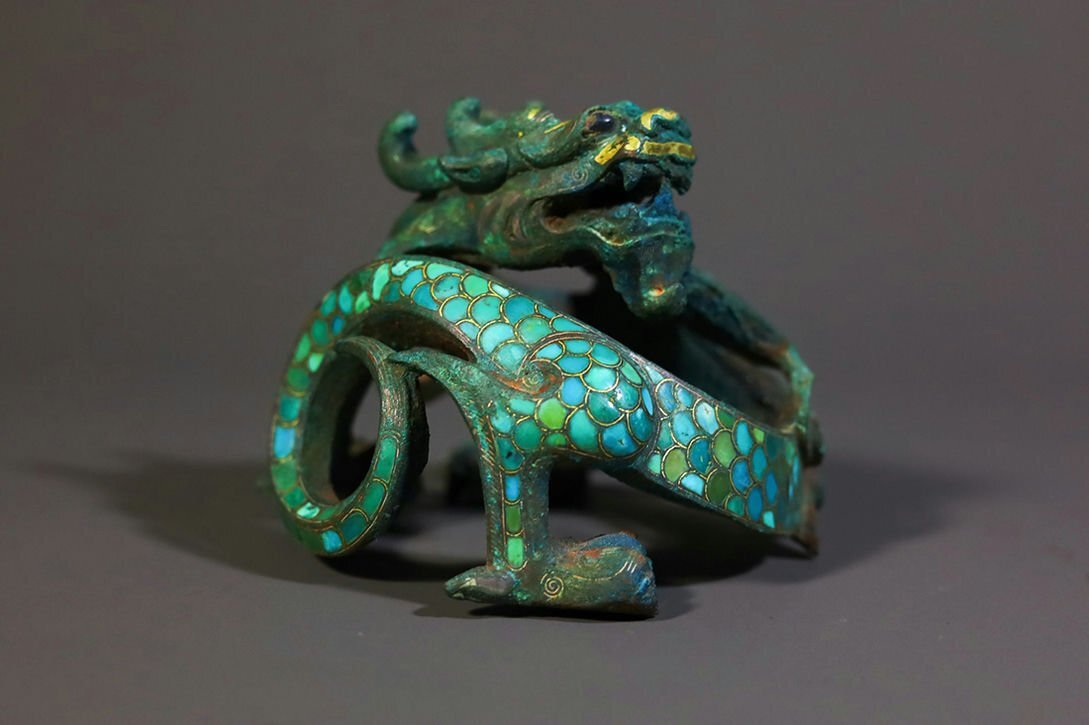 ■観心・時代旧蔵■C2329戦漢時代 青銅器 青銅錯金銀盤龍獣鎮 細密細工★古置物★古賞物★古擺件★蒐集家放出★唐物
