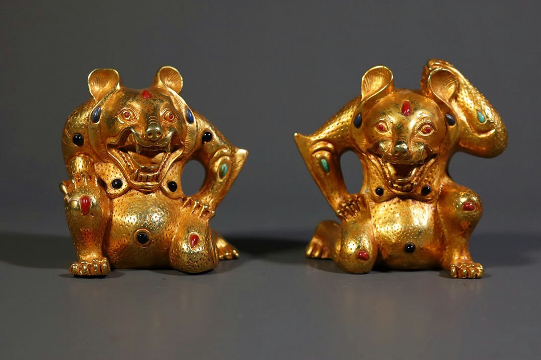 ■観心・時代旧蔵■C2336戦漢時代 青銅器 青銅塗金獣鎮一対 細密細工★古置物★古賞物★古擺件★蒐集家放出★唐物