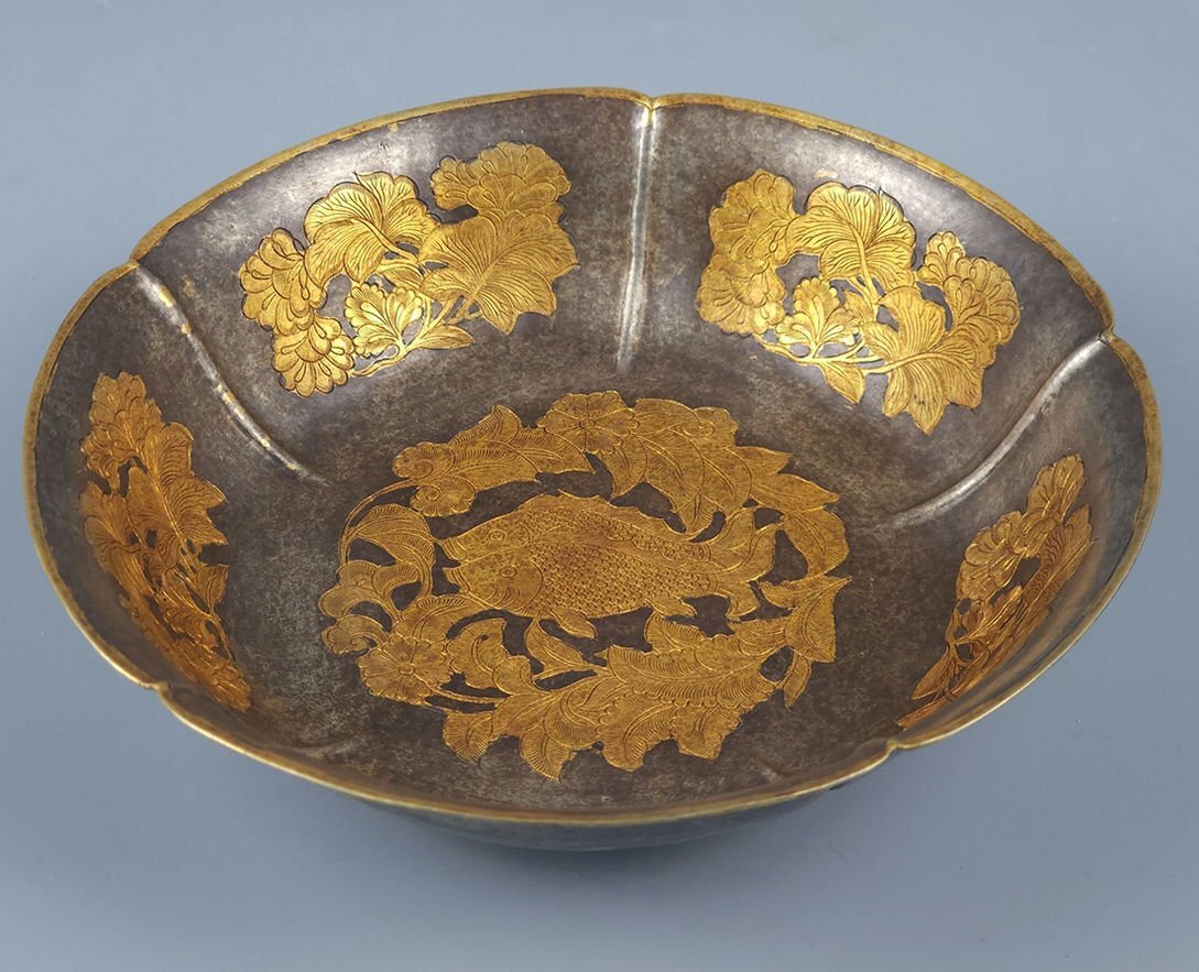 ■観心・時代旧蔵■C1904宋代 純銀象嵌金花 銀碗 細密細工★古置物★古賞物★古擺件★蒐集家放出★唐物