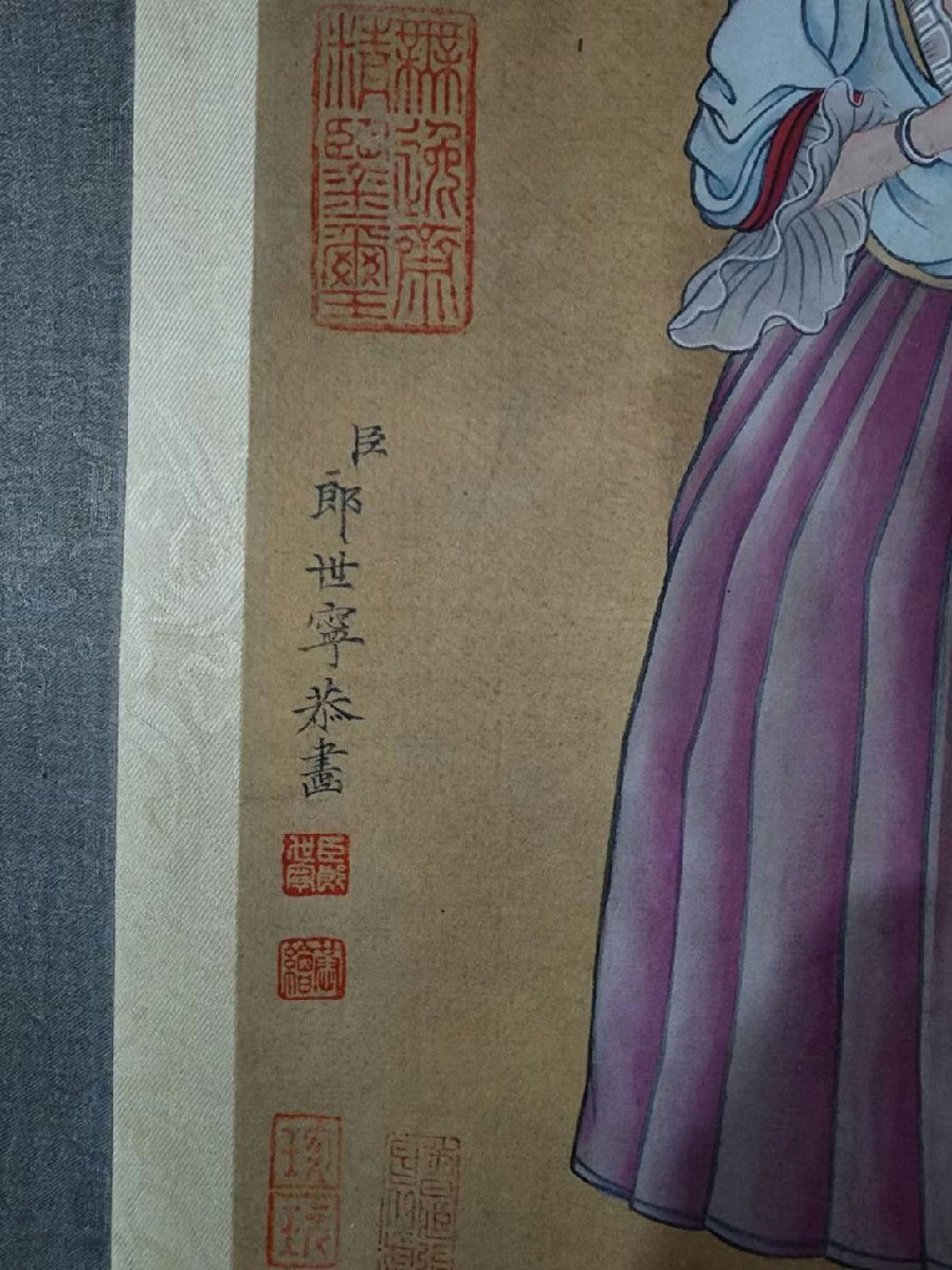 ■観心・時代旧蔵■C4460中国古書画 清 郎世寧 人物図長卷 絹画 書画長卷 水墨中国画巻物 肉筆逸品 肉筆保証品