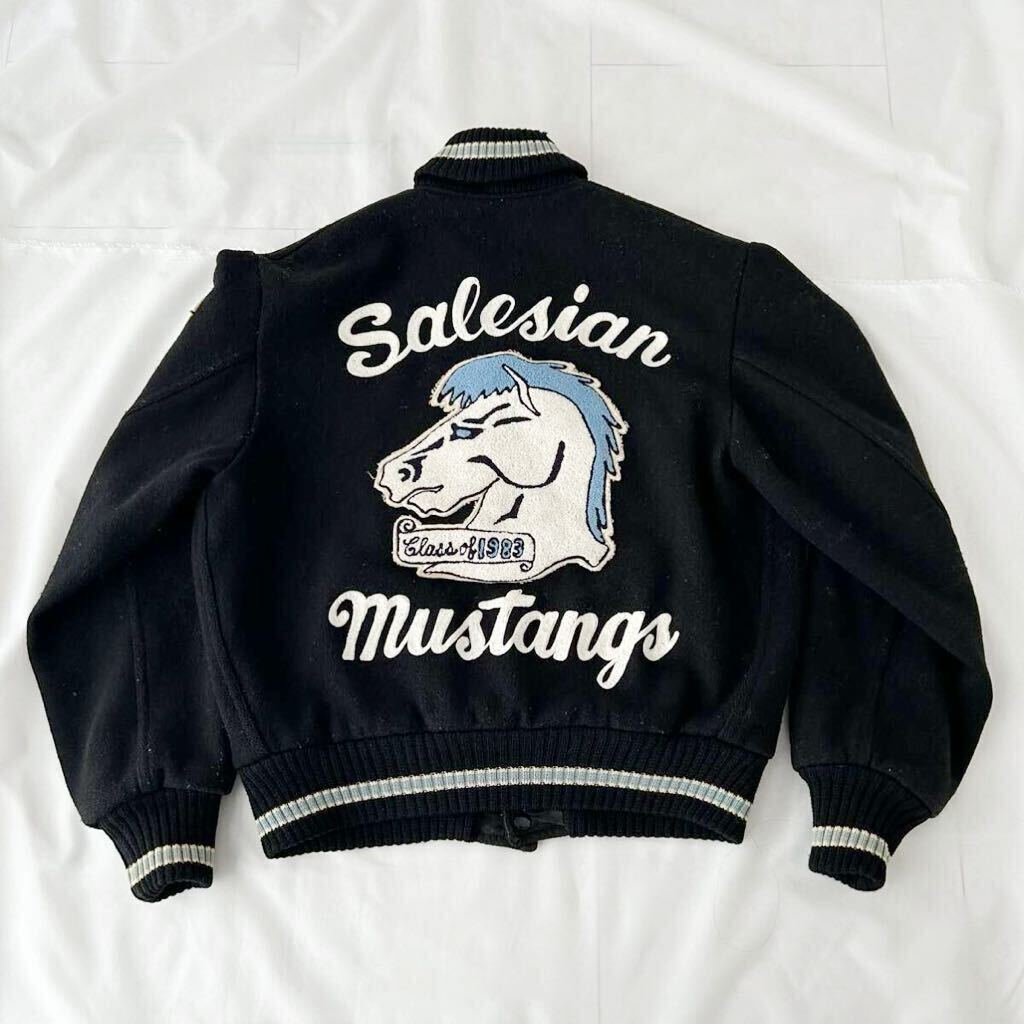 黒 リバーシブル 80s チェーンステッチ 刺繍 レター スタジャン （ ビンテージ 80年代 Salesian Mustangs 50s ギャバジャン ロカビリー 60sの画像1