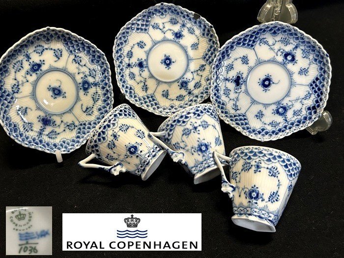 ◇大切なお客様のおもてなしに◇3客【ROYAL COPENHAGEN/ロイヤルコペンハーゲン ブルーフルーテッドフルレース◇お顔付】難有 P04185TTTの画像1