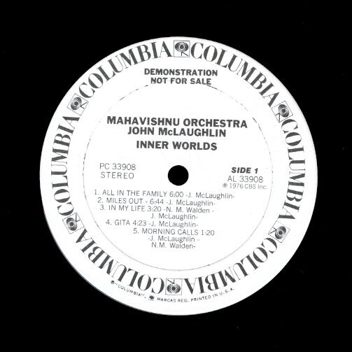 プロモ白ラベル！USオリジLP！Mahavishnu Orchestra / John McLaughlin / Inner Worlds 76年【Columbia / PC 33908】ジョン・マクラフリン_画像2