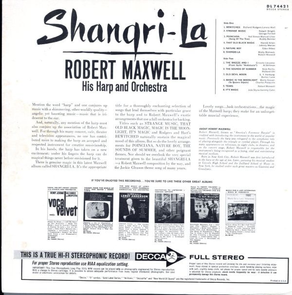 USプレスLP！STEREO盤 Robert Maxwell, His Harp And Orchestra / Shangri-La【Decca / DL 74421】ロバート・マクスウェル ハープ イージーの画像3