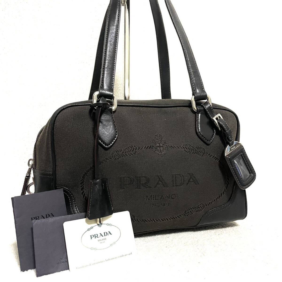 1円スタート！ 超美品 PRADA プラダ ロゴジャガード キャンバス レザー ミニボストン ショルダーバッグ ハンドバッグ ギャランティカード付の画像1