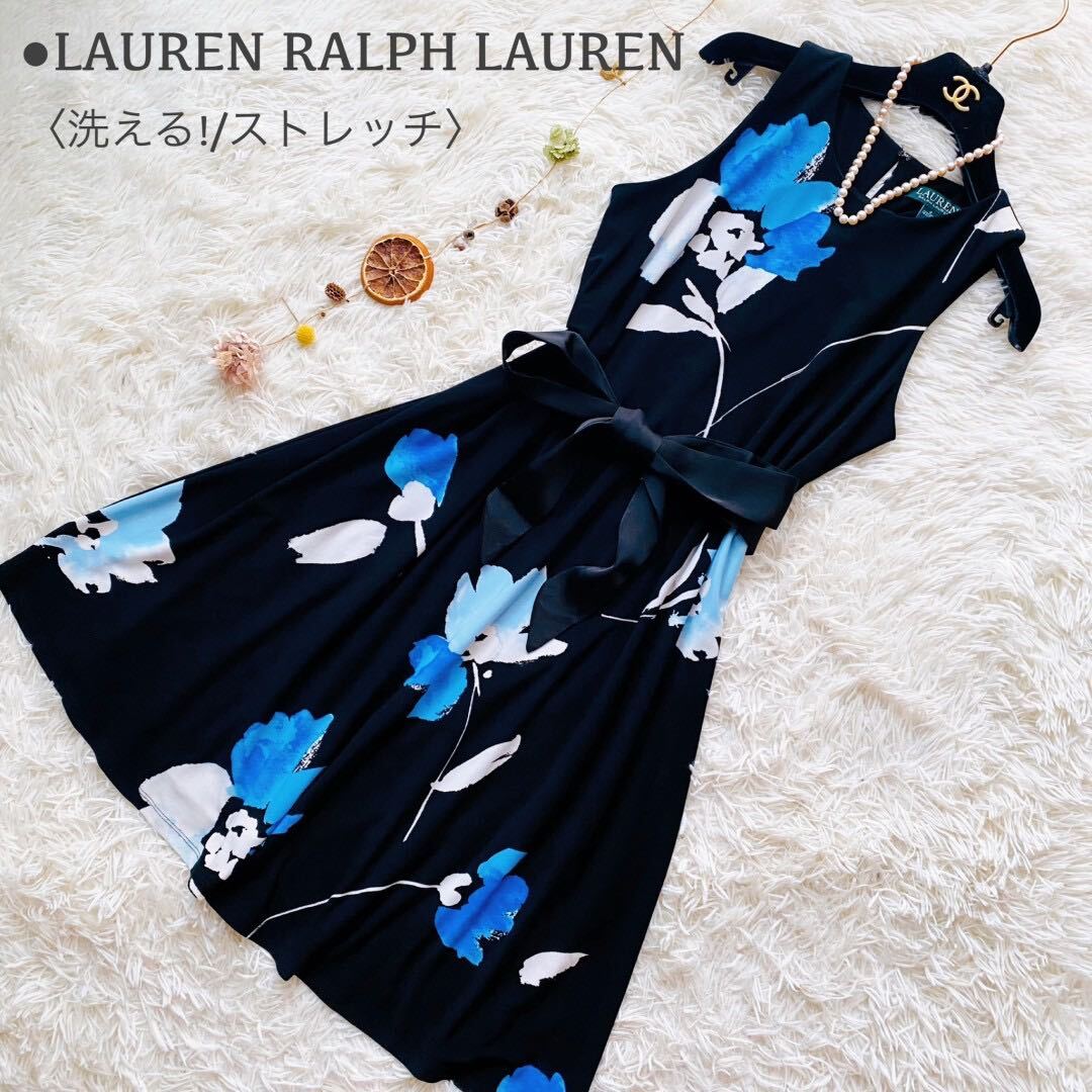 極美品●春夏向け●LAUREN RALPH LAUREN ローレンラルフローレン 花柄 総柄 リボン フレア Aライン ノースリーブ ロングワンピース ドレス_画像1