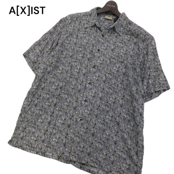 US古着★ A[X]IST 春夏 ウォッシャブル シルク100%★ レトロ総柄 半袖 アロハ シャツ Sz.L　メンズ USA古着　I4T01148_4#A_画像1