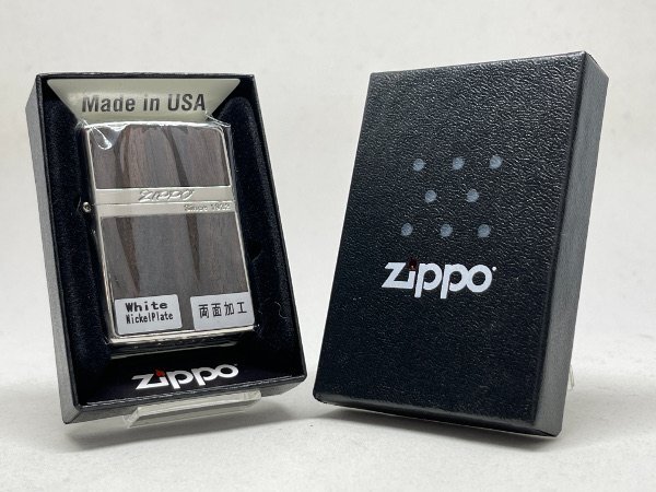 送料無料 ZIPPO[ジッポー]両面加工 Wood Series WN-Wood ダーク ウッドプレート貼り ホワイトニッケル_画像4