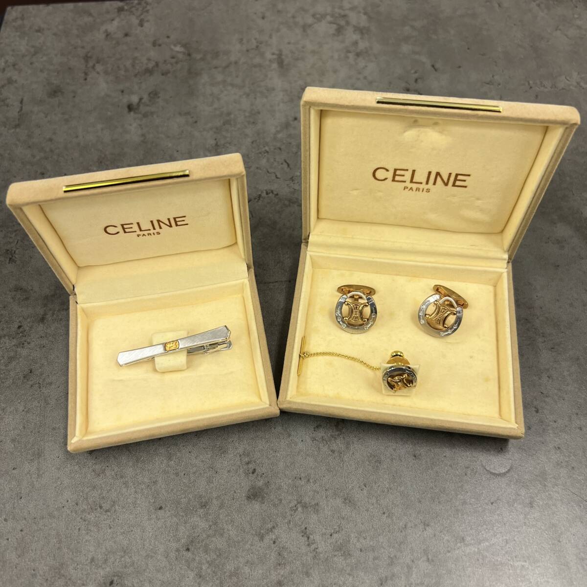 1000円スタート【3店セット】CELINE セリーヌ カフス タイタック マカダム ゴールド メッキ メンズ ファッション アクセサリー 中古の画像2