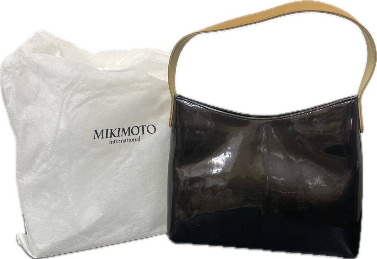 W小B#45 美品 MIKIMOTO ミキモト ハンドバッグ ダークブラウン メタリック エナメル レザー 本革 レディース 手さげ きれいめ bag 鞄