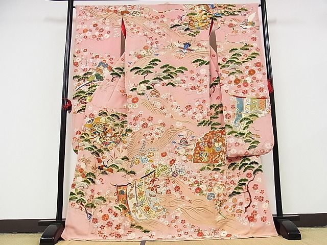 平和屋-こころ店■アンティーク 大正ロマン 振袖 駒刺繍 飛鶴花文 金糸 正絹 逸品 AAAD0083Bzgの画像1