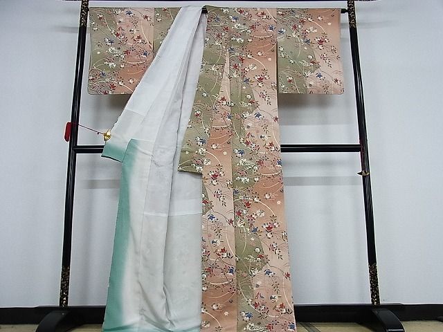 平和屋川間店■上質な小紋　枝花鳥文　暈し染め　金彩　ロング丈　着丈170.5cm　裄丈67.5cm　正絹　逸品　A-ex5132_画像3