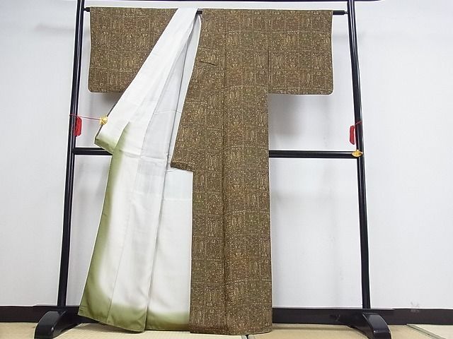 平和屋川間店■上質な小紋　型染め　格子草花文　着丈156cm　裄丈63cm　正絹　逸品　A-cs3269_画像3