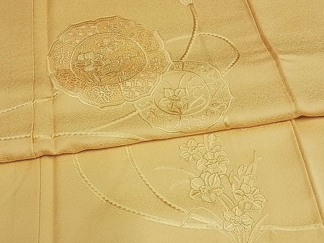 平和屋川間店■豪華色留袖 中国三大刺繍 汕頭刺繍 スワトウ刺繍 鏡裏花文 色無地 蜂蜜色 着丈162.5cm 裄丈66cm 正絹 逸品 B-ag2365の画像1