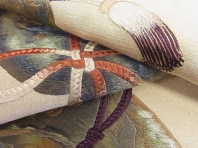 平和屋-こころ店■丸帯　総手刺繍　鏡裏鳳凰花文　金糸　正絹　逸品　AAAC3452Bcy_画像6