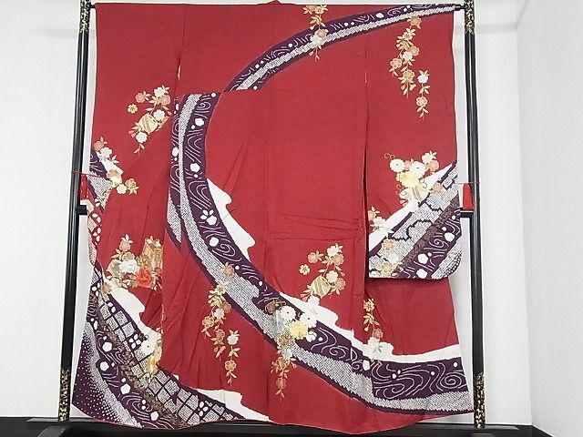 平和屋-こころ店■豪華振袖　駒刺繍　絞り　御所車糸巻き花文　金彩　正絹　逸品　AAAC8435Acs_画像1