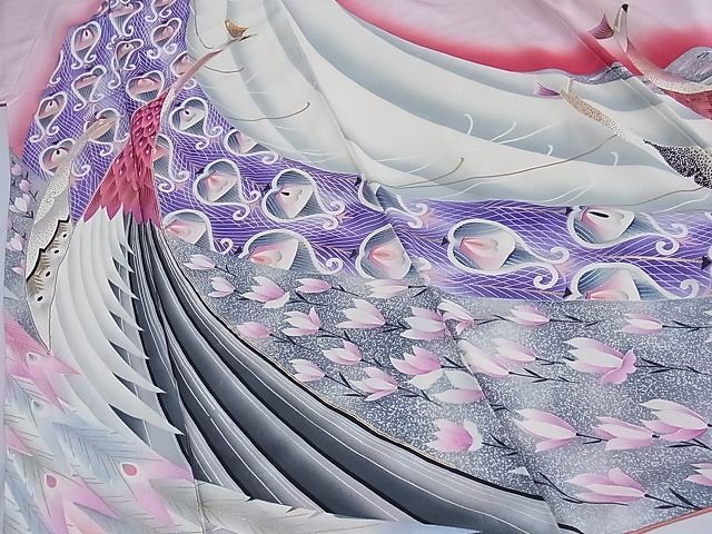 平和屋川間店■豪華振袖　駒刺繍　孔雀草花文　暈し染め　金彩　着丈143cm　裄丈61.5cm　正絹　逸品　A-cs3244_画像5