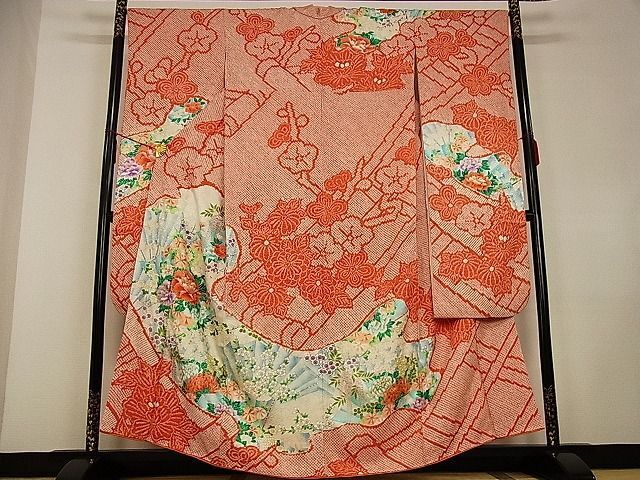 平和屋川間店■豪華振袖 駒刺繍 絞り 扇面花文 金彩 着丈158.5cm 裄丈66.5cm 正絹 逸品 A-ja2849の画像1