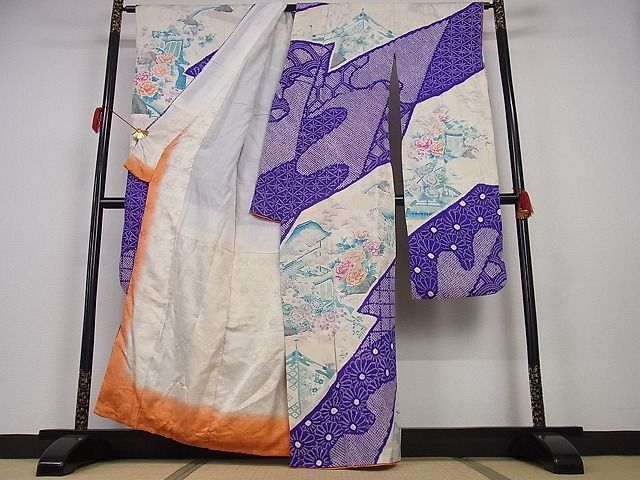 平和屋川間店■豪華振袖　駒刺繍　絞り　御所車花文　着丈162cm　裄丈66cm　正絹　逸品　A-ja3191_画像2