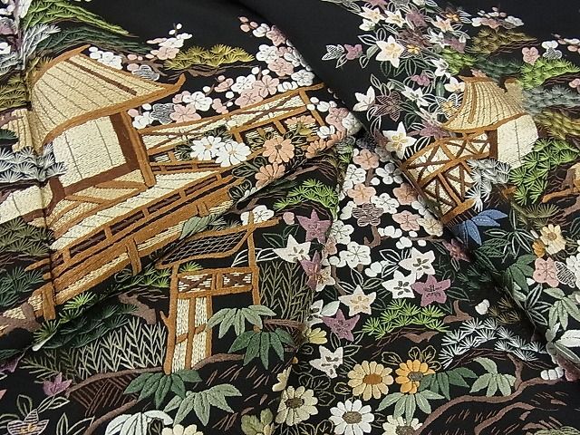 平和屋2■豪華黒留袖 総刺繍 松竹梅 風景花文 金糸 逸品 DAAB7560psの画像1