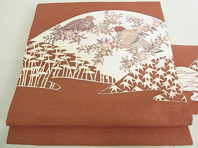 平和屋2■九寸名古屋帯　型染め　花鳥文　鬼しぼ縮緬　逸品　DAAA3326rt_画像1