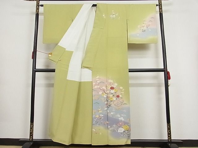 平和屋-こころ店■訪問着 刺繍 錦松縮緬 浜ちりめん 枝花鼓文 ゑり正扱い 金彩 正絹 逸品 AAAB8451Abrの画像2