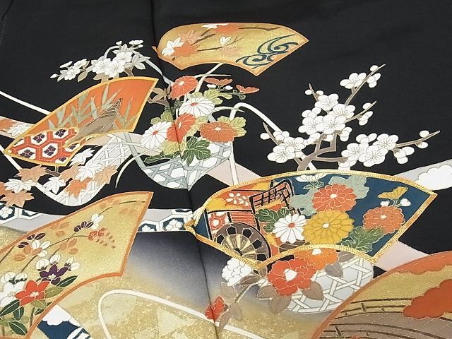 平和屋-こころ店■豪華黒留袖 駒刺繍 舞扇吉祥花文 金彩 正絹 逸品 AAAD7087Acsの画像4