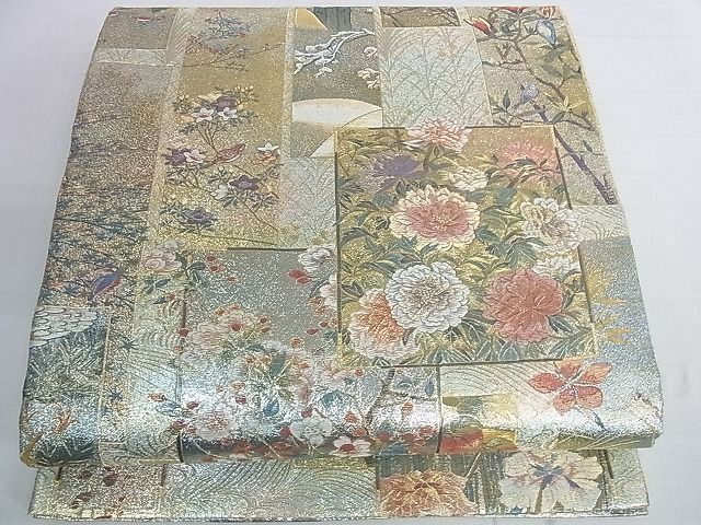 平和屋2■西陣 あさぎ 両面 全通柄袋帯 近代花鳥画 日本美術名鑑 24kプラチナ箔 逸品 DAAB4363icの画像1