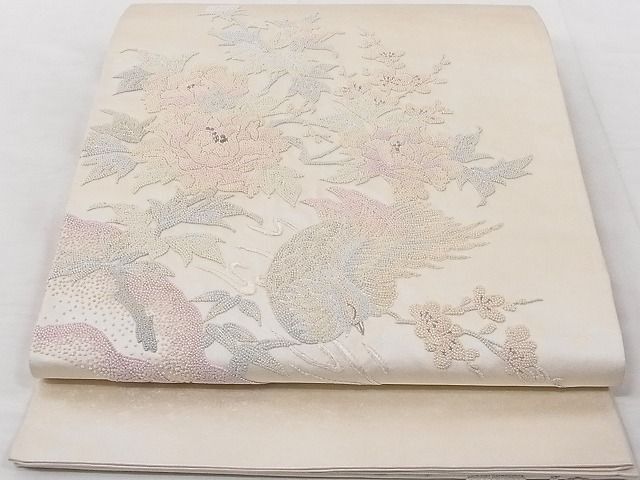 平和屋-こころ店■中国三大刺繍 総相良刺繍 太鼓柄袋帯 花鳥文 銀糸 正絹 逸品 AAAD7849Agkの画像2