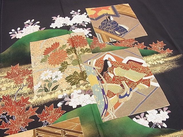 平和屋野田店■豪華黒留袖　作家物　駒刺繍　源氏物語　金彩　逸品　BAAC1862hj_画像4