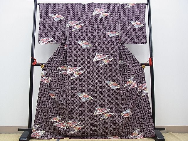 平和屋野田店■上質な小紋　型染め　麻の葉風景花文　逸品　BAAC3134kg_画像1