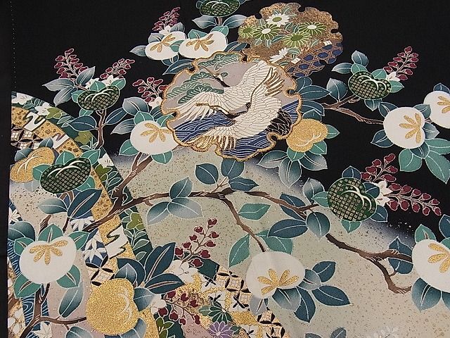 平和屋1■豪華黒留袖 駒刺繍 雪輪飛鶴草花文 金彩 逸品 CAAA5579dyの画像4