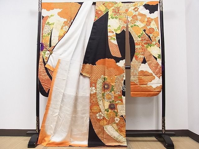 平和屋1■豪華振袖 駒刺繍 雲取り几帳花文 黒地 金彩 逸品 CAAA9985fbの画像3