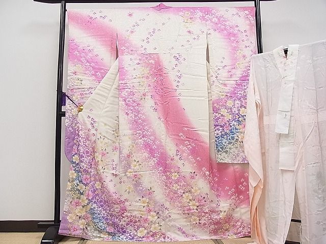 平和屋1■豪華振袖・長襦袢セット 刺繍 舞花文 暈し染め 銀通し地 逸品 CAAC6275txの画像1