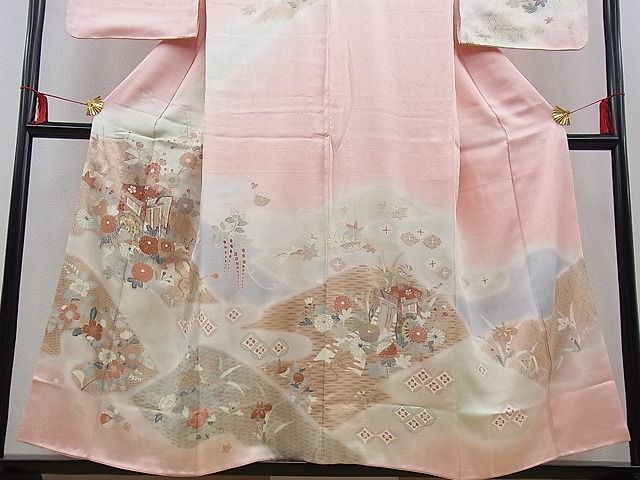 平和屋野田店■訪問着 駒刺繍 御所車菊花文 暈し染め 金彩 逸品 BAAC3193kgの画像3