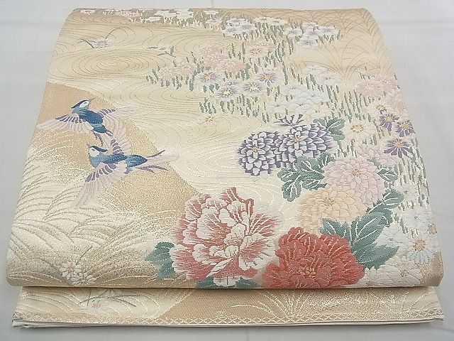 平和屋野田店◎六通柄袋帯 唐織  牡丹花鳥文 金糸 逸品 BAAB1514duの画像1