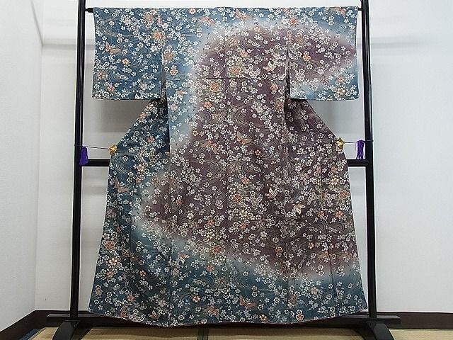 平和屋1■訪問着　流水舞蝶桜文　暈し染め　金彩　鬼しぼ縮緬　逸品　CAAA8556gh_画像1