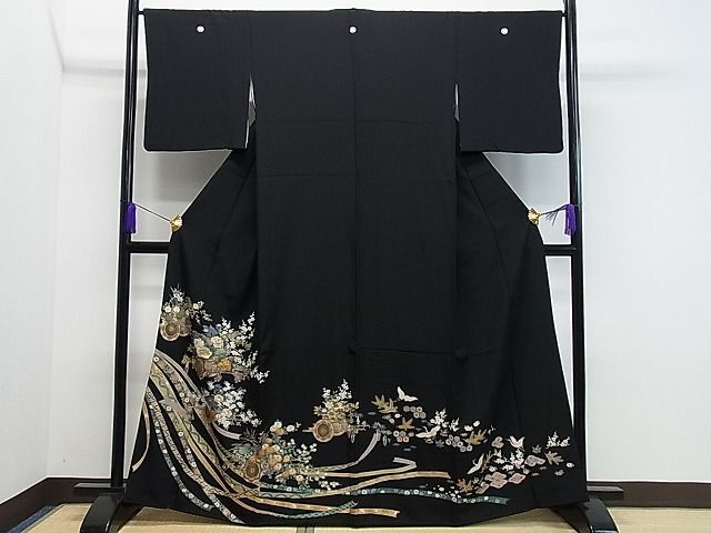 平和屋1■豪華黒留袖 刺繍 熨斗花車文 金彩 逸品 CAAA8518ghの画像1