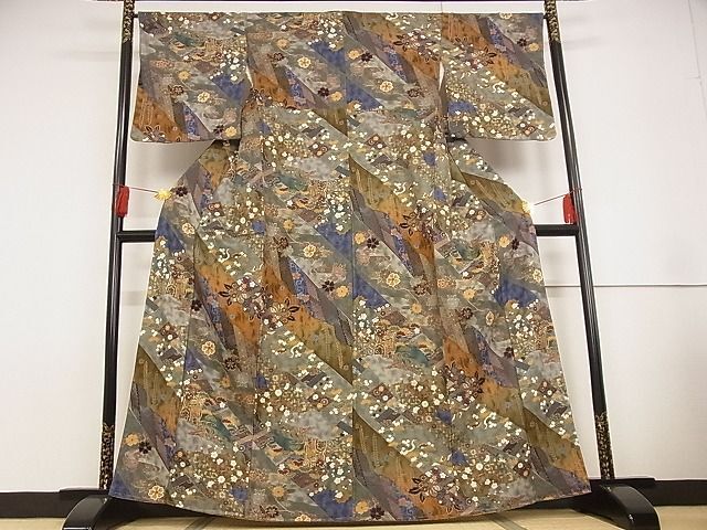 平和屋川間店■上質な小紋　御所車吉祥花鳥文　金彩　着丈163cm　裄丈66cm　正絹　逸品　未使用　A-wj3499_画像1